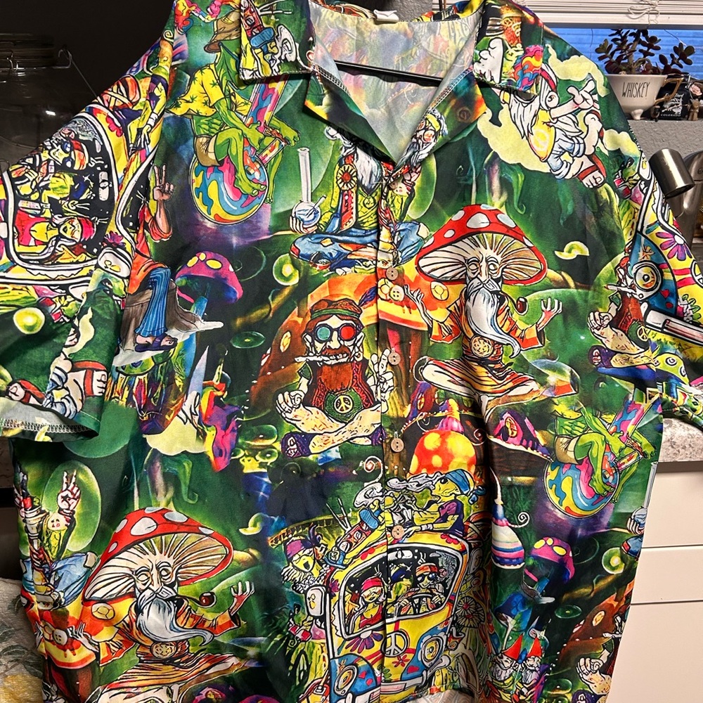 Green and Red Short Sleeve Tee with Tropical Print